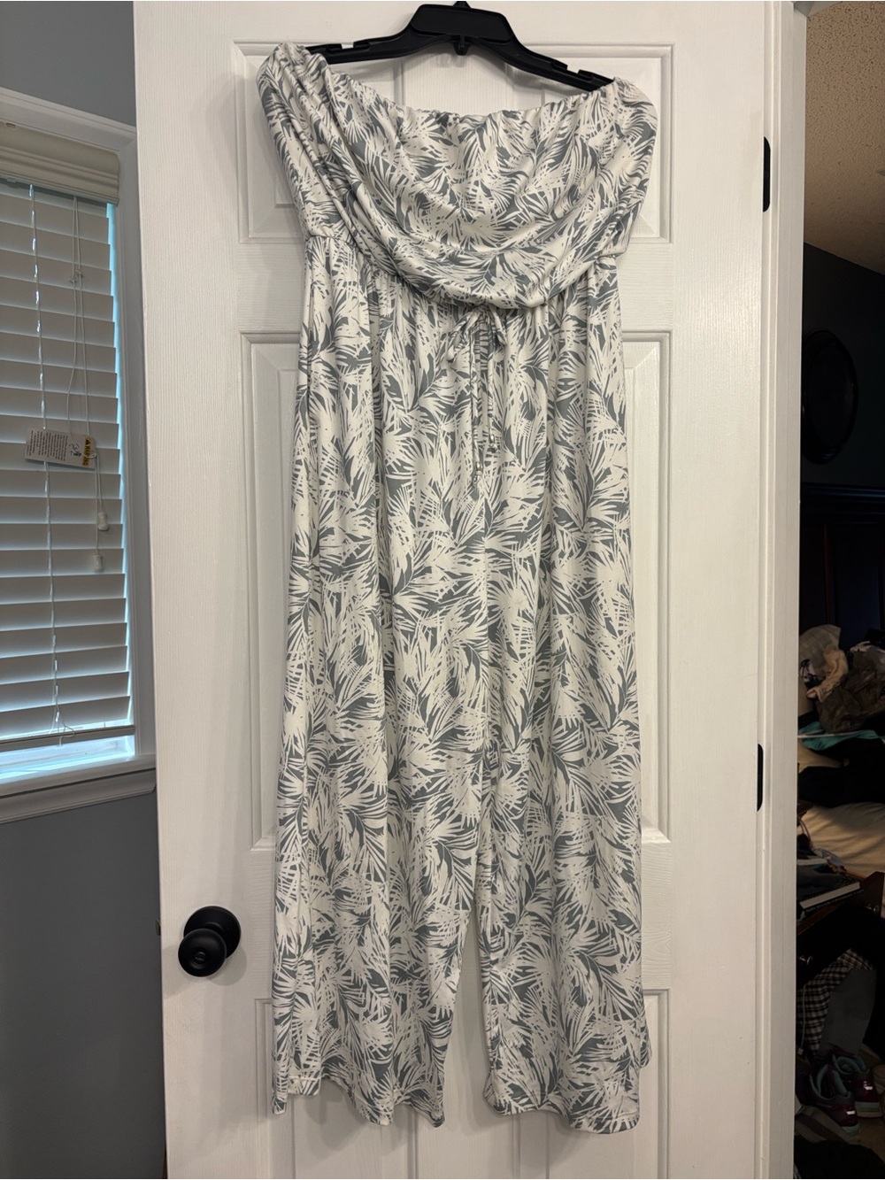 White & Gray Palm Print Strapless Jumpsuit